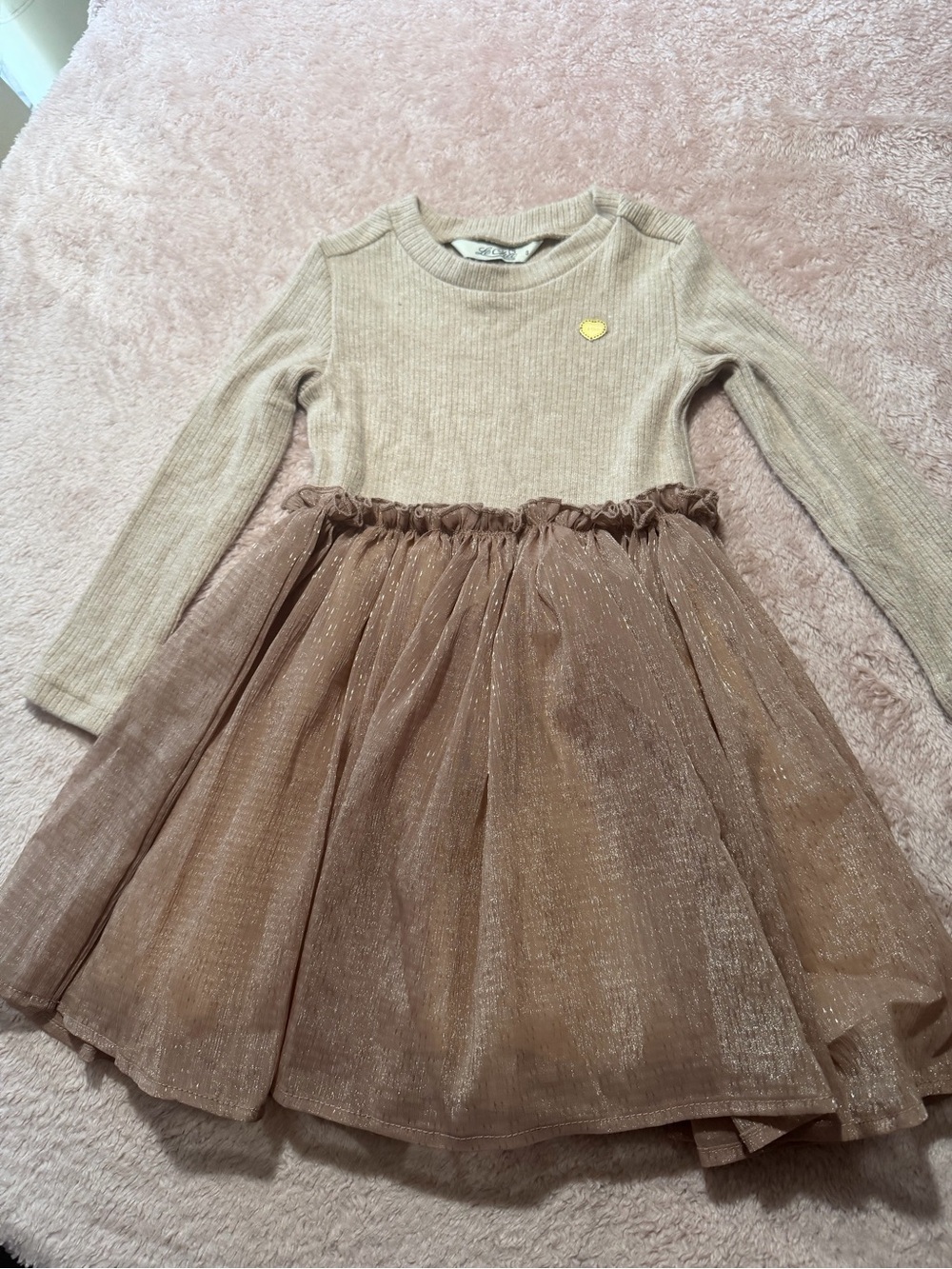 chic Girls' Ribbed Top & Sparkle Tulle Dress in Beige and Brown